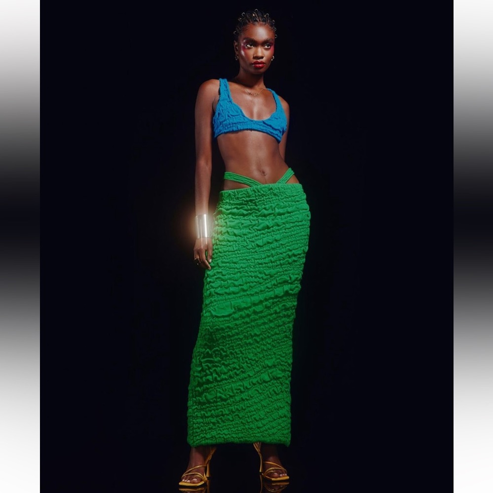 Hanifa Blue Crop Tank & Green Ruched Maxi Skirt Set